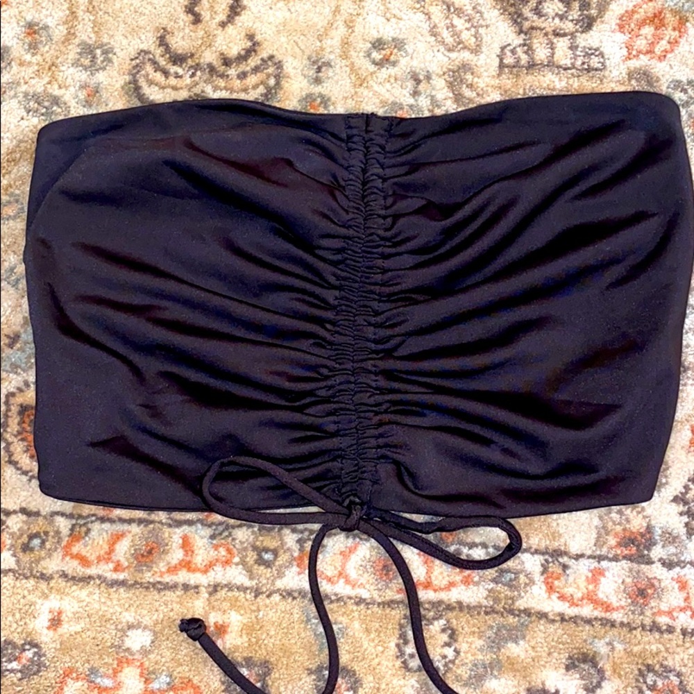 Ruched Cropped Tube Top w/ Tie Cinch at Waist